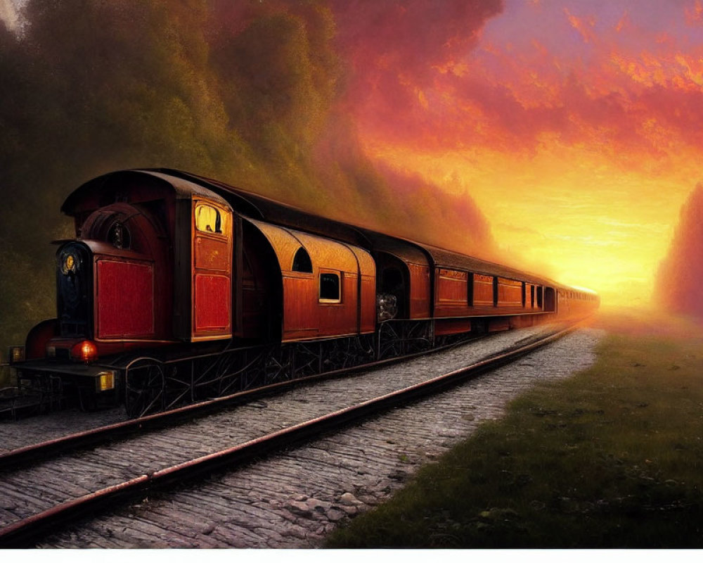 Vintage train crossing picturesque landscape under dramatic sunset sky