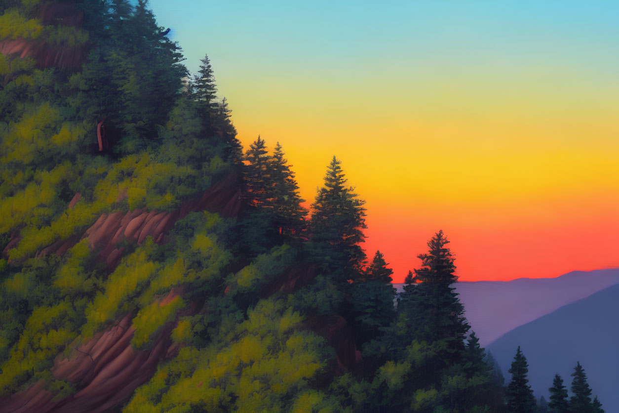 Colorful sunset over forested mountainside with silhouetted evergreen trees