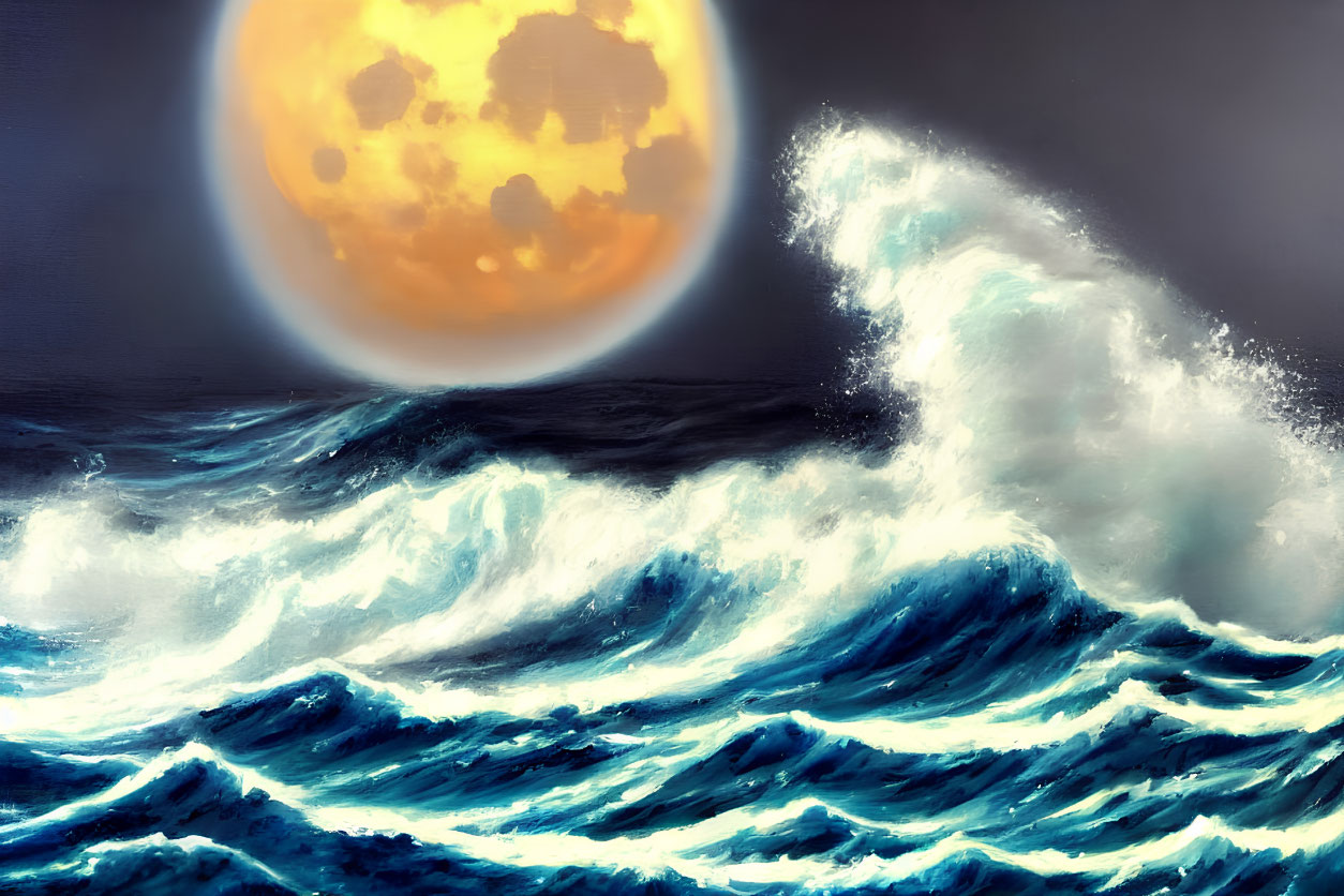 Dynamic ocean scene with towering waves under full yellow moon