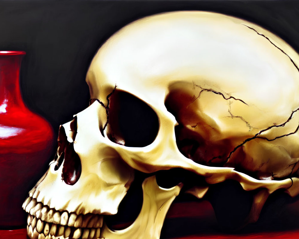 Human skull with visible crack next to red vase on dark background