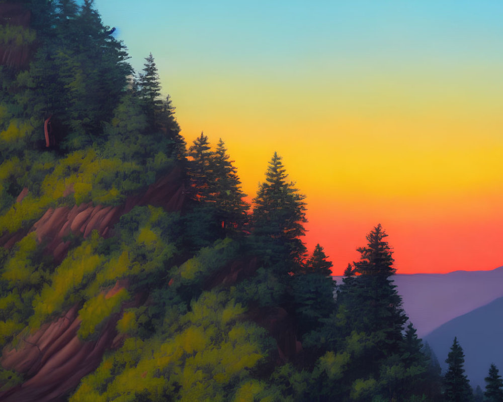Colorful sunset over forested mountainside with silhouetted evergreen trees