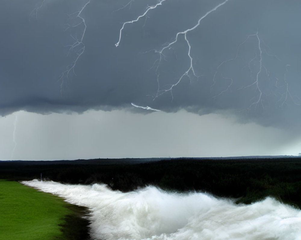 Dramatic storm with lightning strikes over turbulent river and green riverbank