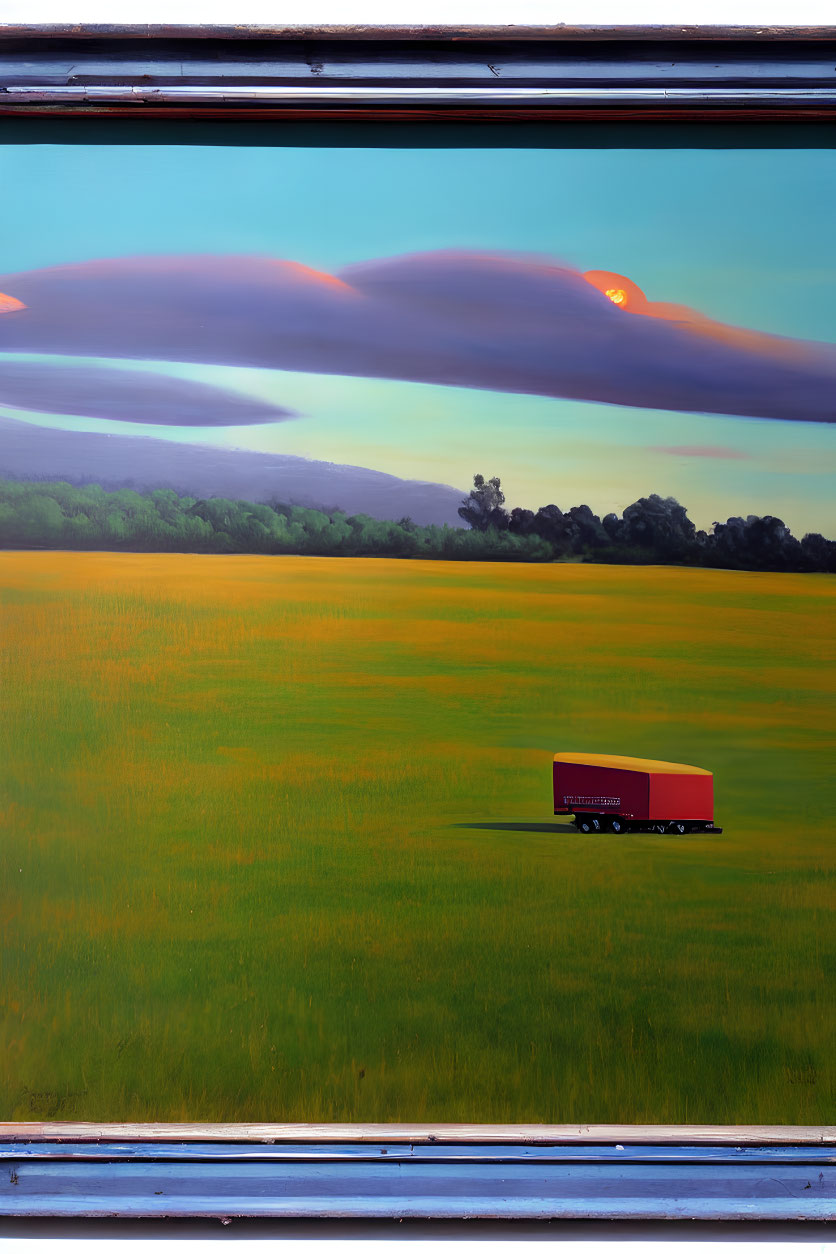 Colorful landscape painting with red trailer in green field and purple clouds.