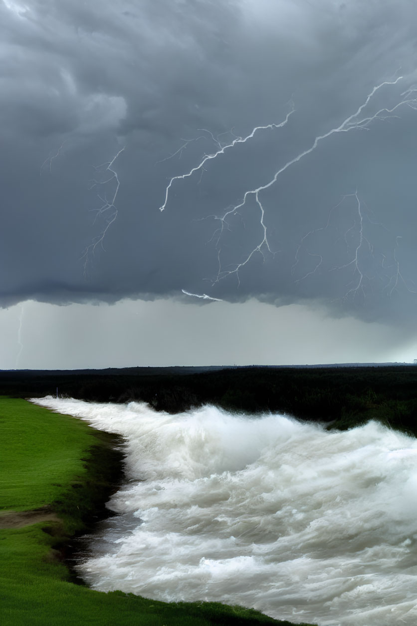Dramatic storm with lightning strikes over turbulent river and green riverbank