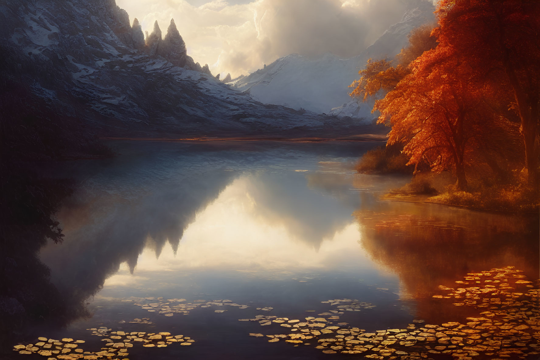 Tranquil lake with autumn trees and snowy mountains at sunset