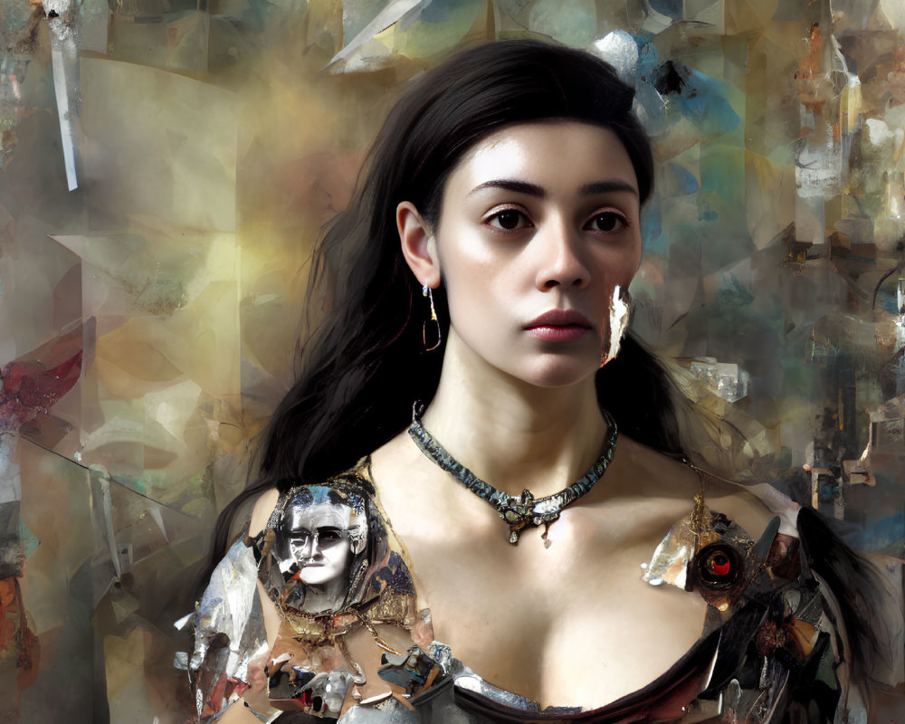 Photorealistic portrait with abstract background and blend of classical and futuristic attire