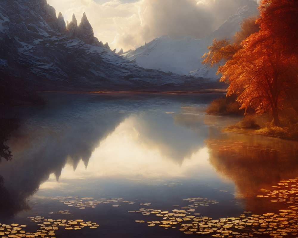Tranquil lake with autumn trees and snowy mountains at sunset