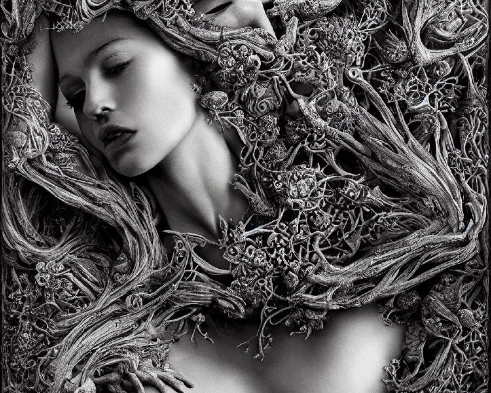 Monochromatic image of woman in intricate vine-like frame