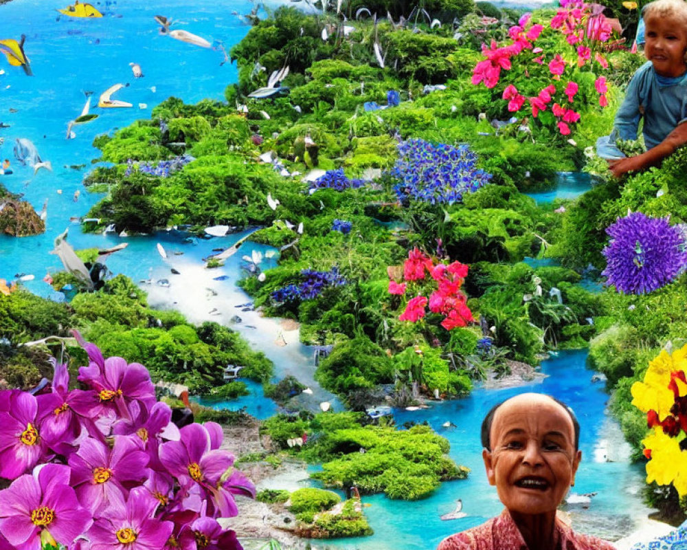 Colorful underwater scene with fish, child, greenery, and elderly person with flowers