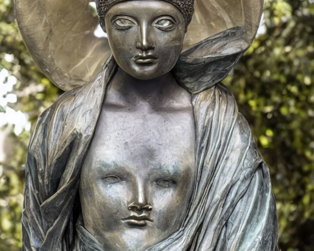 Stylized bronze sculpture of serene woman with halo headpiece, draped garment, against green foliage