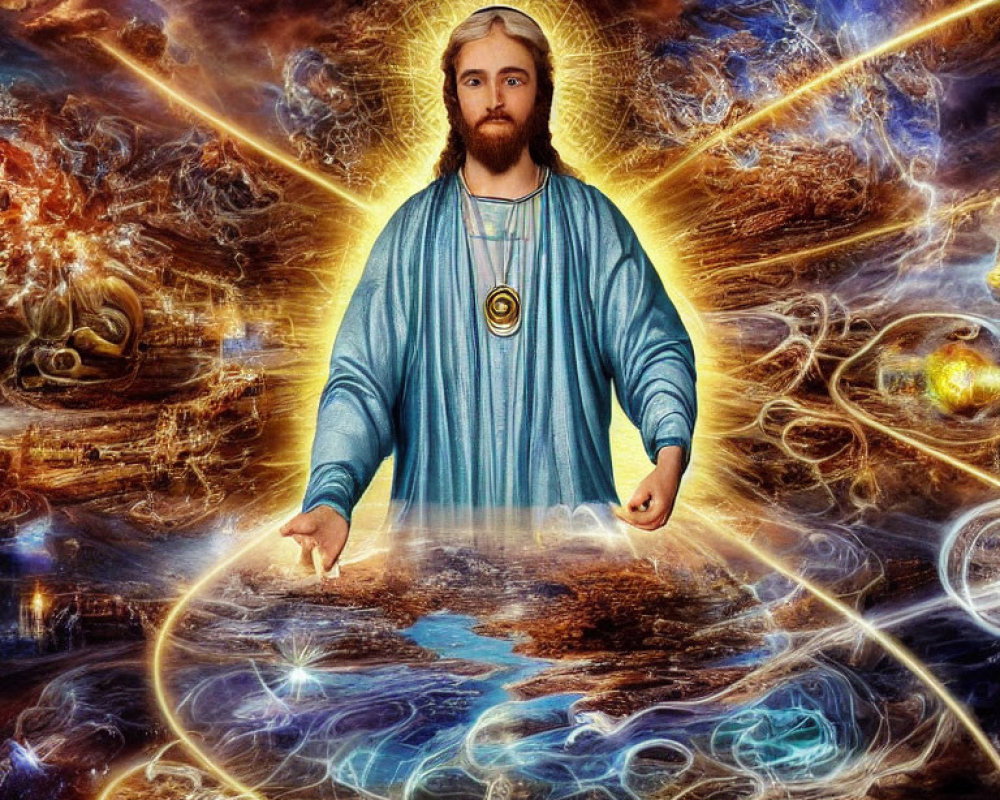 Digital Art: Ethereal Jesus Figure with Celestial and Cosmic Elements