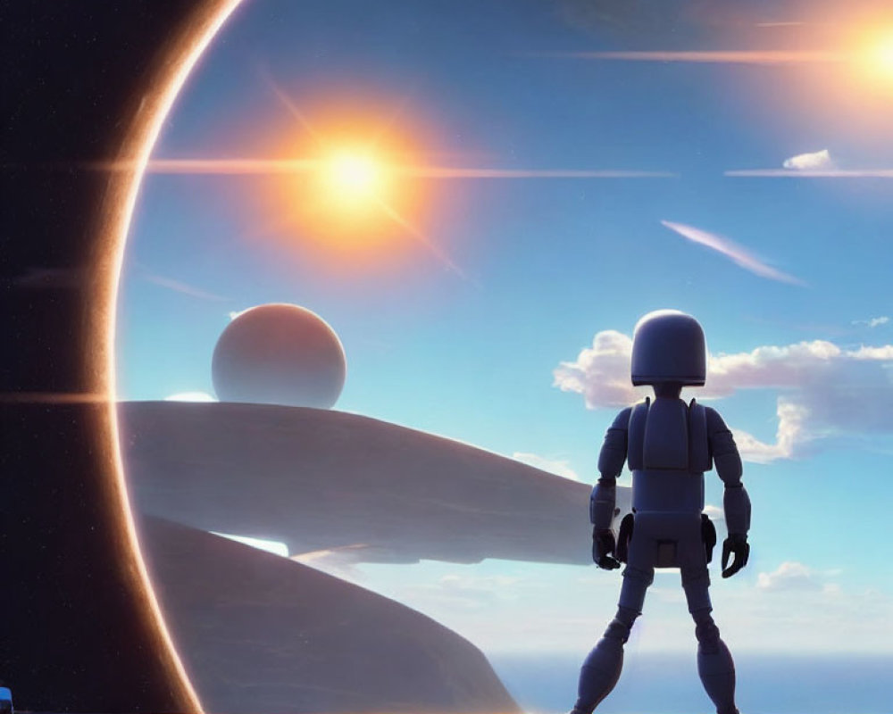 Stylized astronaut admires surreal sunset with ringed planet and moon