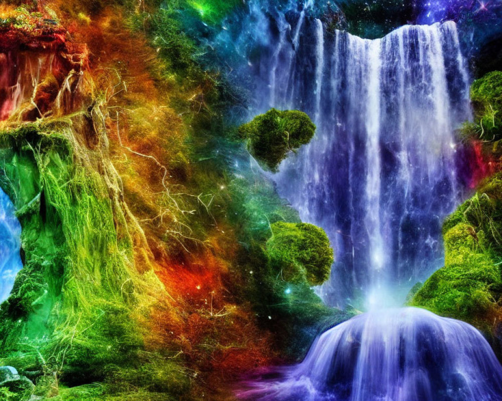 Digitally altered waterfall with vivid colors among lush foliage