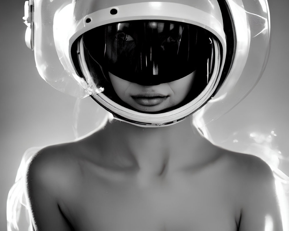 Grayscale image of person in futuristic helmet with dark visor