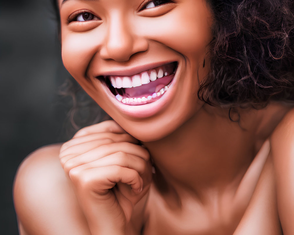 Curly-Haired Woman Smiling Broadly with White Teeth