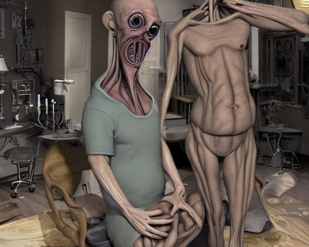 Elongated humanoid figures with exaggerated features in surreal domestic scene