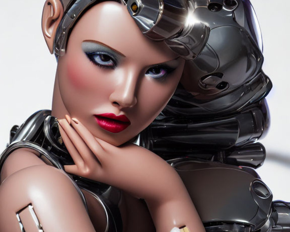 Futuristic female android with metallic body and red lips