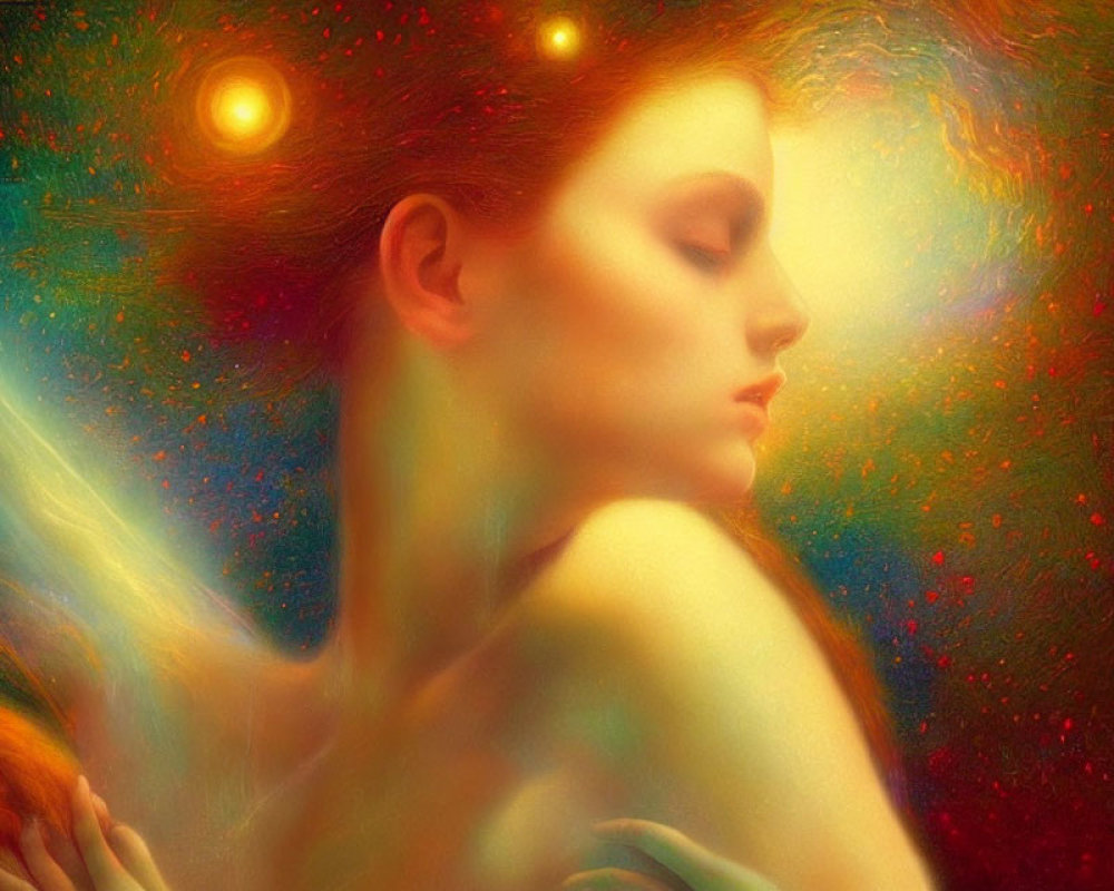 Portrait of a woman with ethereal glow in cosmic backdrop