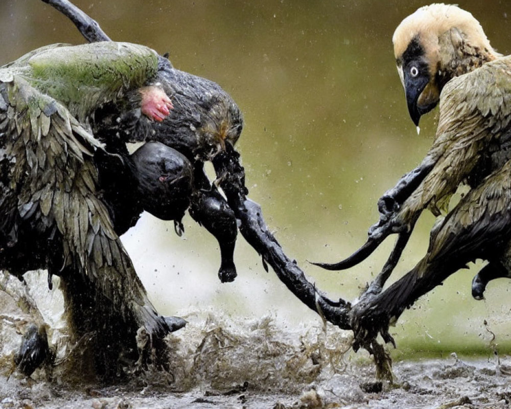 Birds in intense altercation, splashing water and mud, one biting other's leg