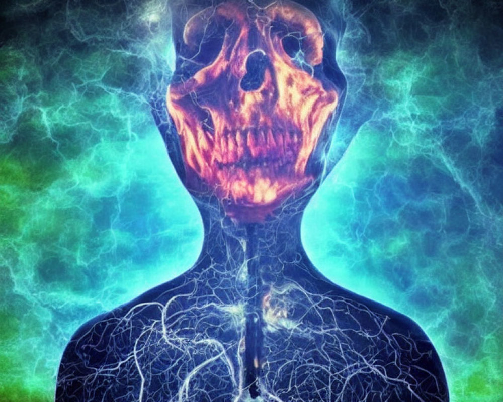Human silhouette with skull superimposed on head in blue energy aura