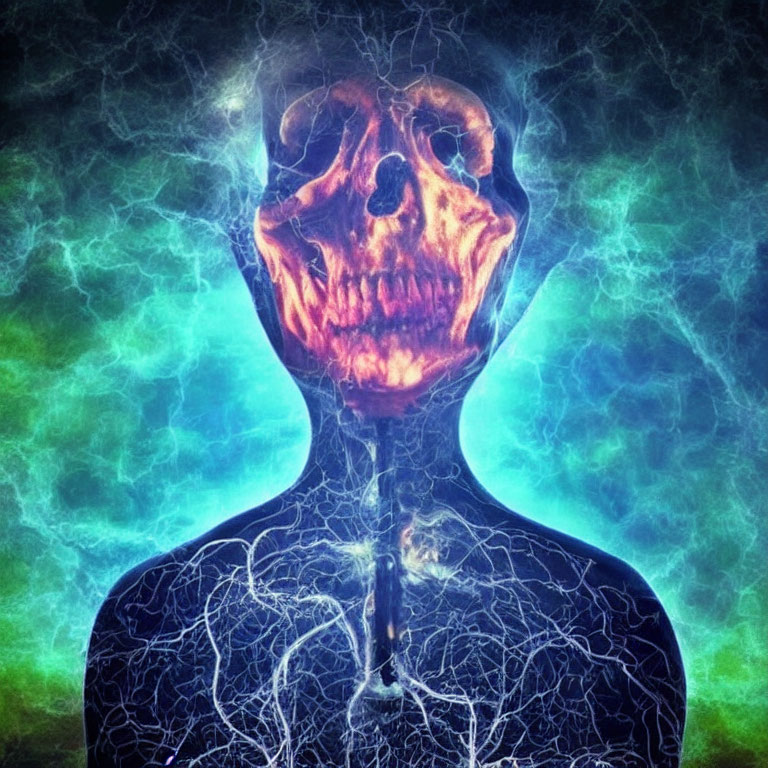 Human silhouette with skull superimposed on head in blue energy aura