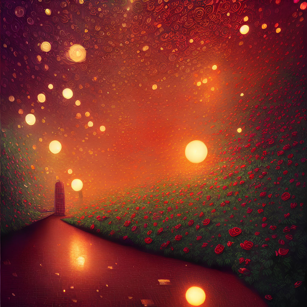 Surreal pathway with red flowers and orbs leading to distant building