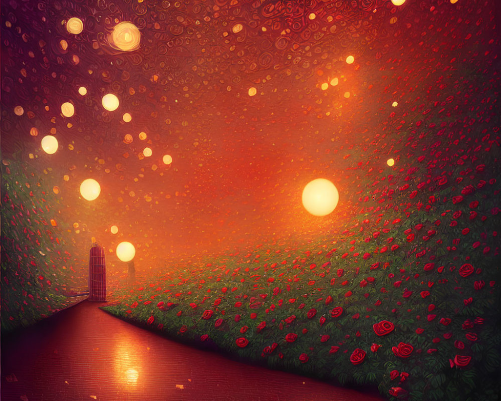 Surreal pathway with red flowers and orbs leading to distant building