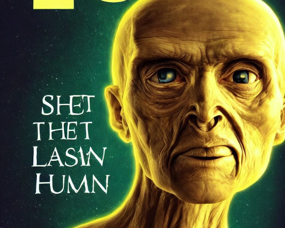Humanoid with Bald Head and Intense Eyes on Yellow-Green Background