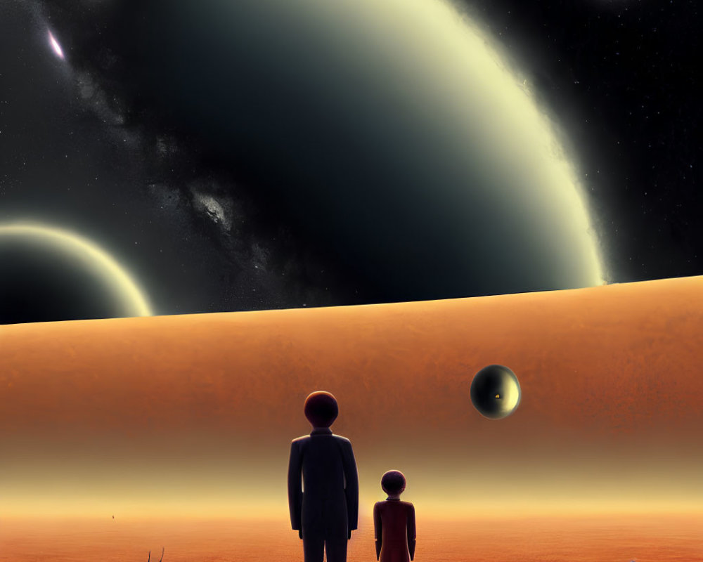 Silhouetted figures on barren landscape with ringed planet and moons
