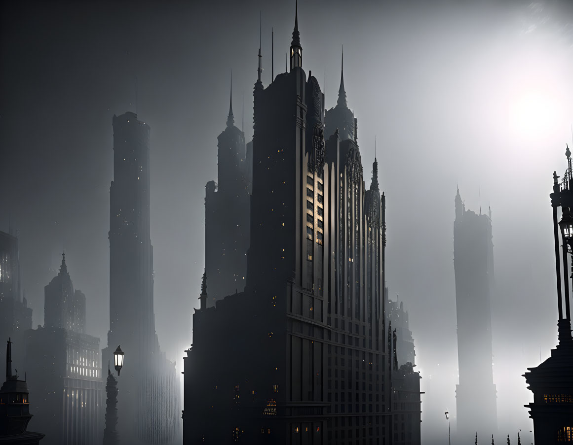 Gothic skyscrapers in mist with warm glowing lights