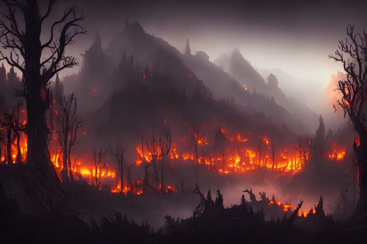 Silhouetted Trees and Raging Wildfire in Dusky Landscape