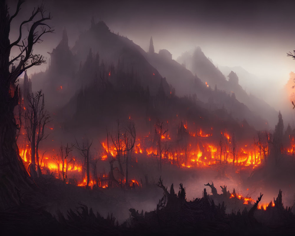 Silhouetted Trees and Raging Wildfire in Dusky Landscape