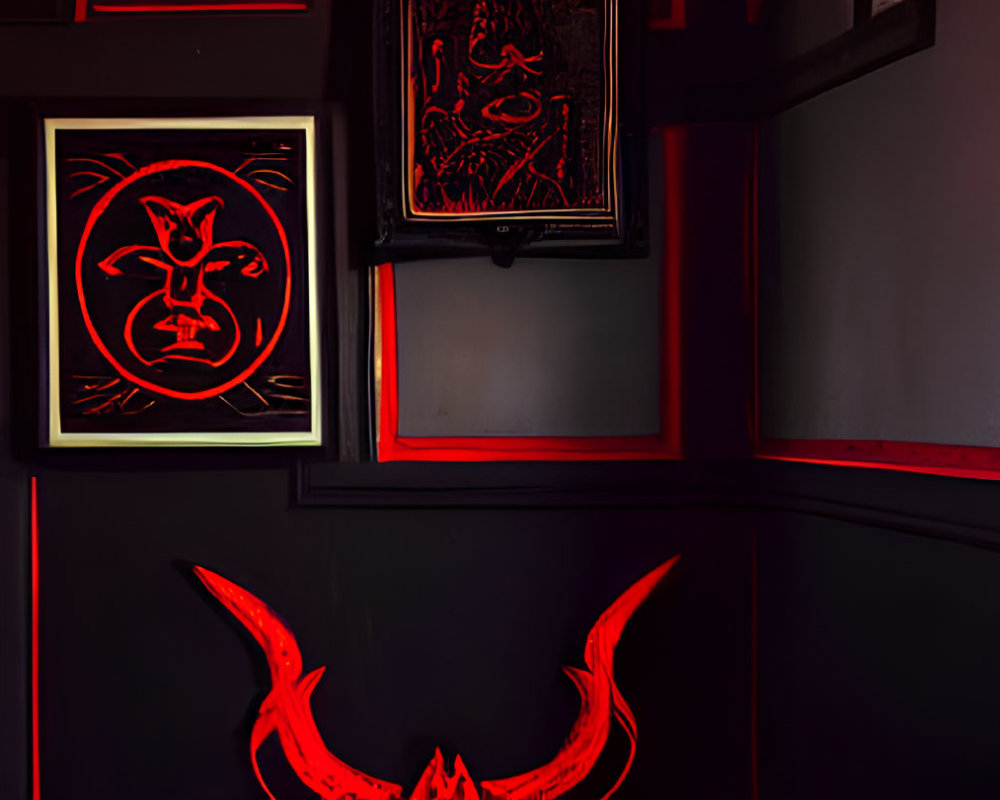 Dark Gothic Room with Red Neon Lighting and Devilish Figure Art