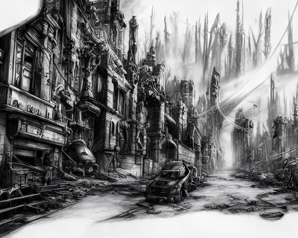 Monochrome sketch of a rundown urban street with cathedral in background