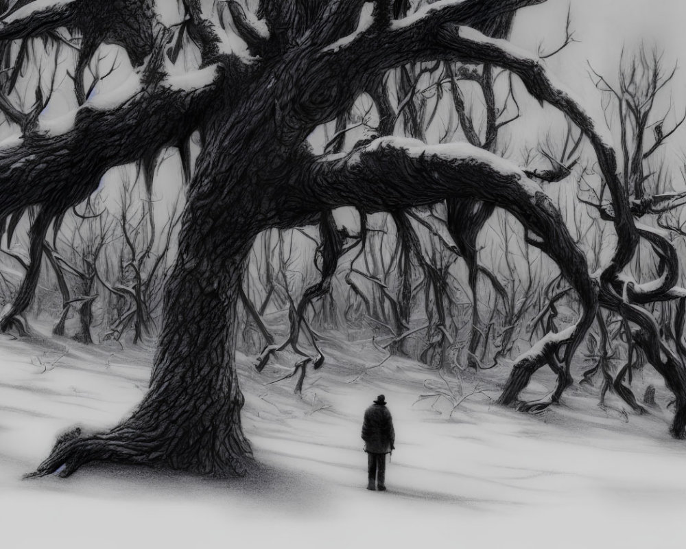 Solitary figure in snowy landscape with leafless trees