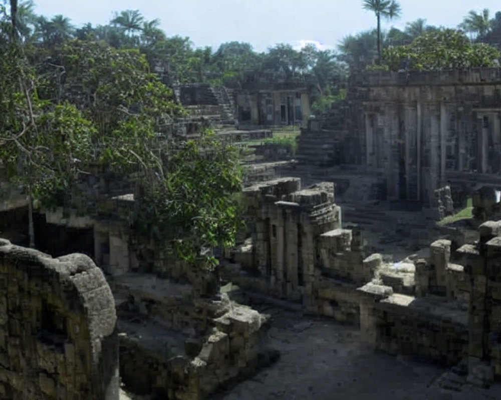 Ancient ruins with stone structures and pillars in lush greenery