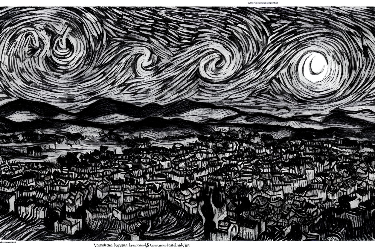 Monochrome artistic depiction of swirling clouds and crescent moon
