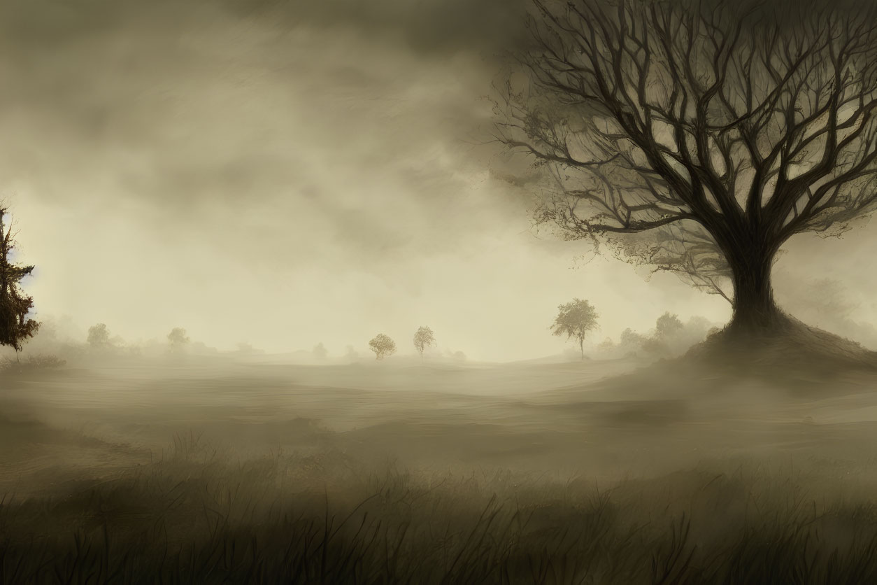 Desolate landscape with leafless tree under gloomy sky