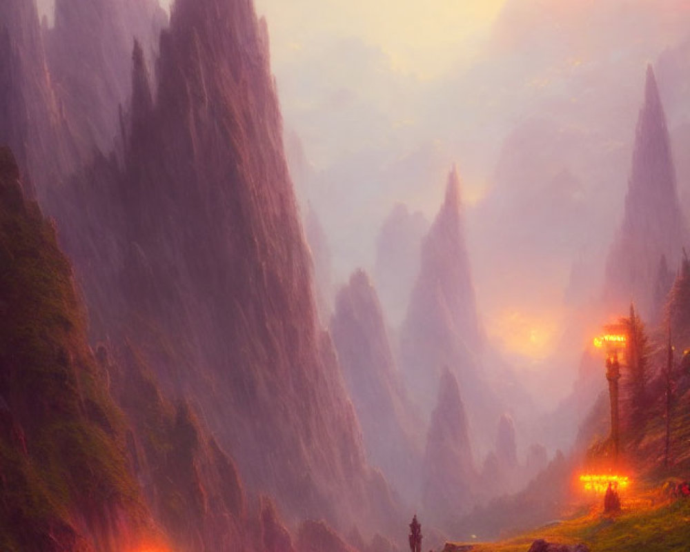 Mystical mountain landscape with winding road and glowing lanterns