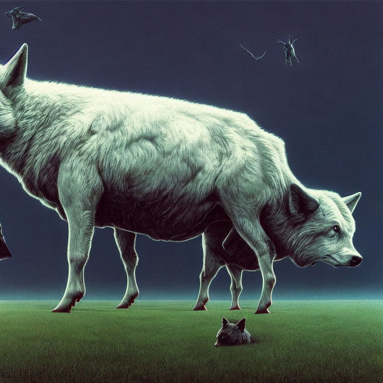 Surreal artwork: Wolf-headed creature with sheep's body in dusky sky
