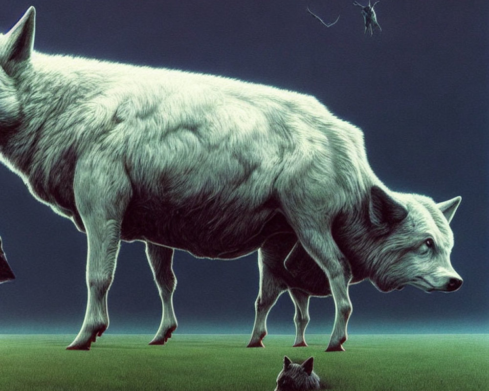 Surreal artwork: Wolf-headed creature with sheep's body in dusky sky