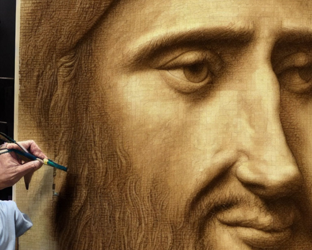 Hyperrealistic portrait of a bearded man receiving intricate details.