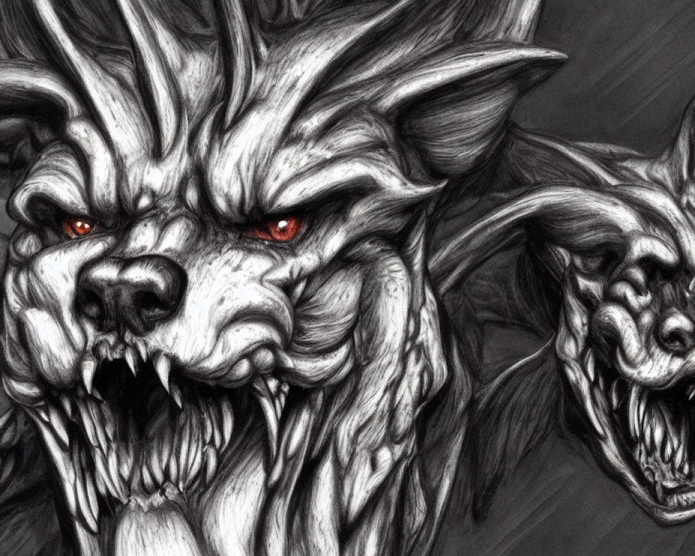Detailed Monochrome Drawing of Two Fierce Wolves with Red Eyes