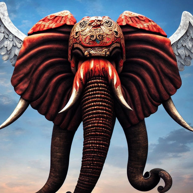 Digitally altered image: Elephant with red wing-like ears and intricate head decorations