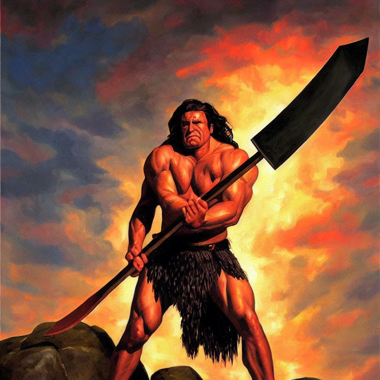 Muscular man with spear in loincloth under fiery sky