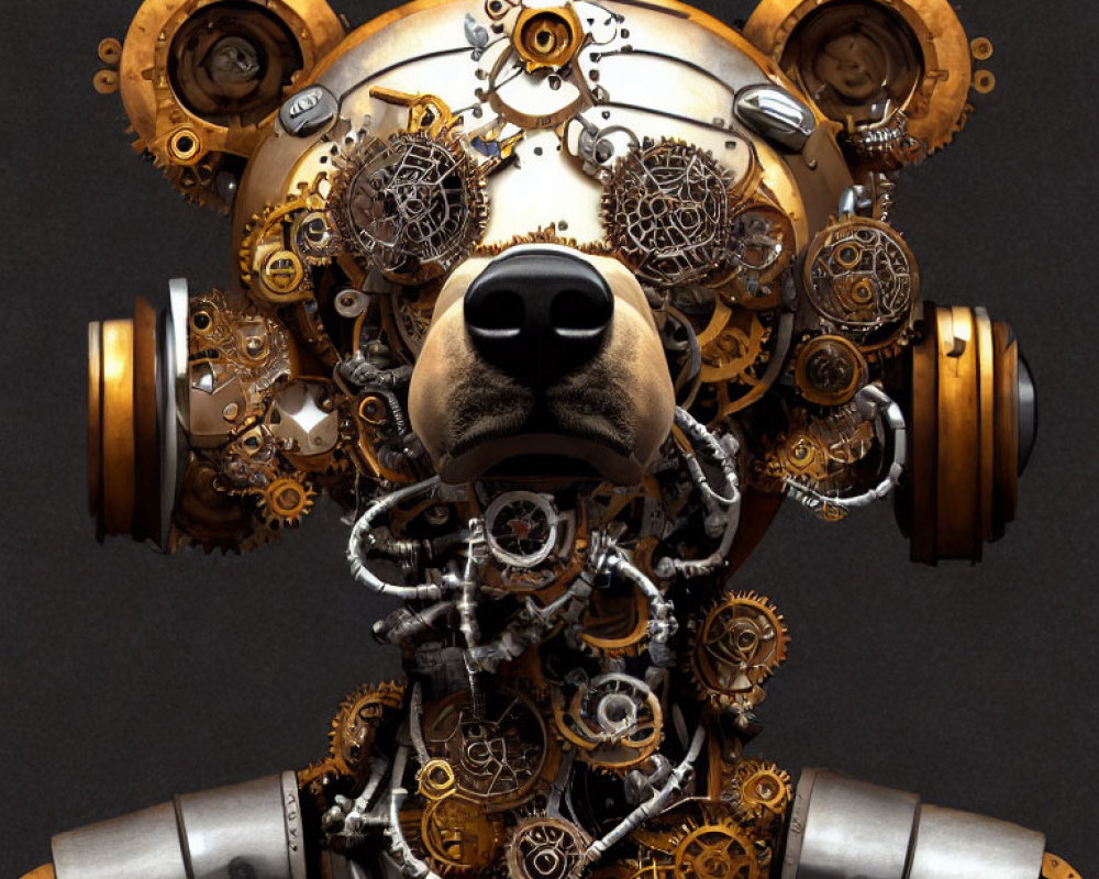 Steampunk mechanical bear with gears on dark background