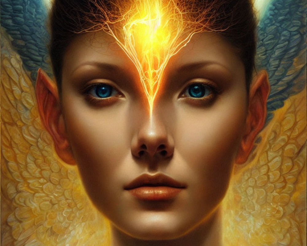 Digital artwork: Female with angelic wing ears, glowing eyes, & tree mark on forehead