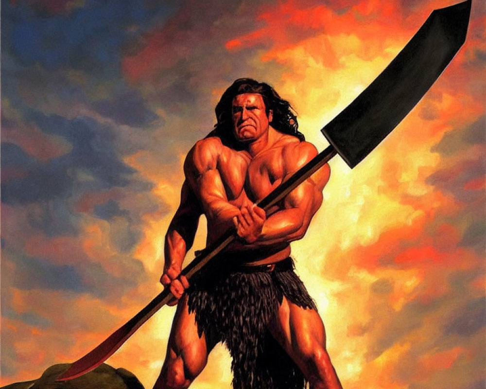 Muscular man with spear in loincloth under fiery sky
