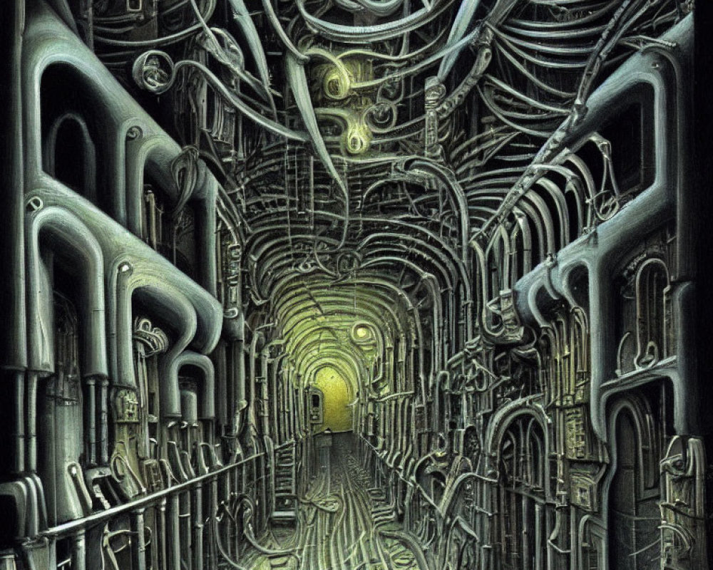 Detailed Illustration: Dark, Claustrophobic Corridor with Pipes, Cables, Machinery,