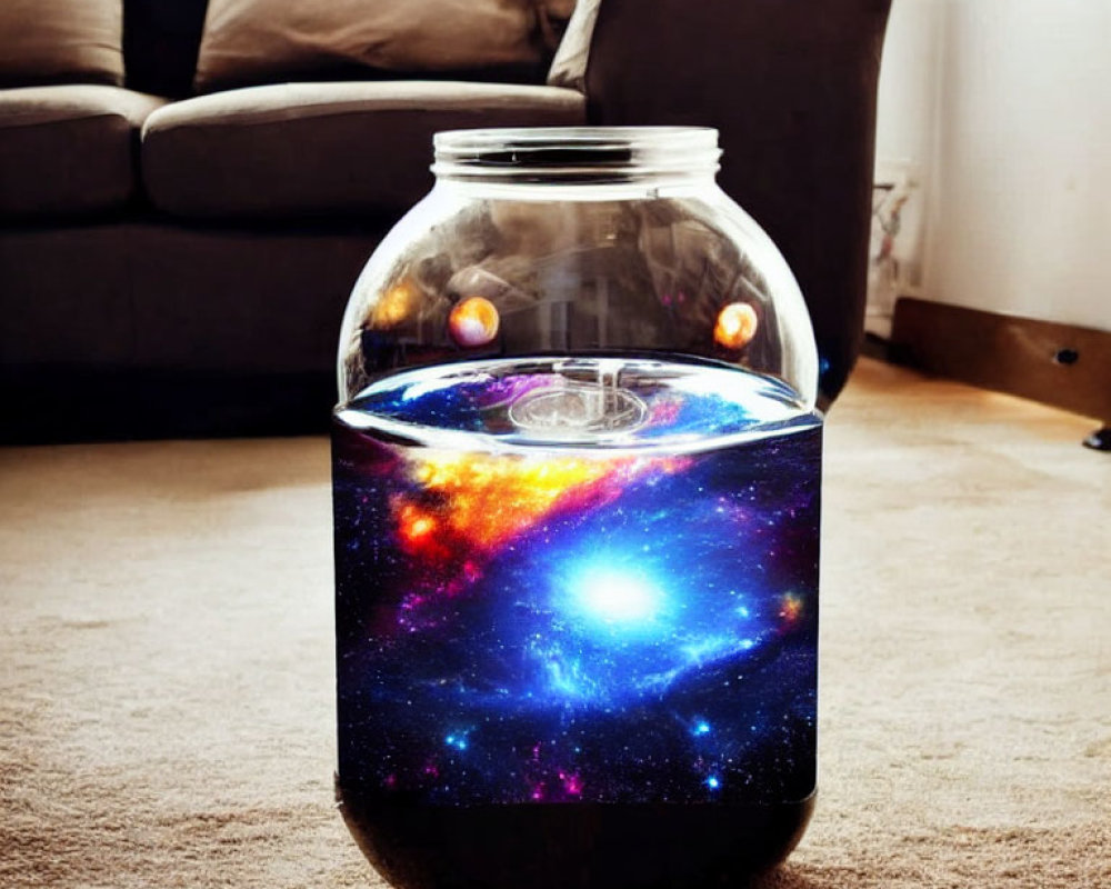 Glass jar with swirling galaxy colors and stars creating mini-universe
